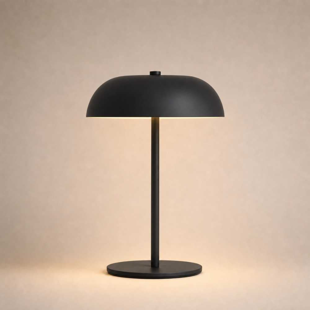 Lampe de chevet noire moderne avec abat-jour arrondi et lumière chaude