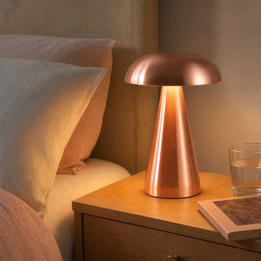 Lampe de chevet or rose diffusant une lumière douce dans une chambre