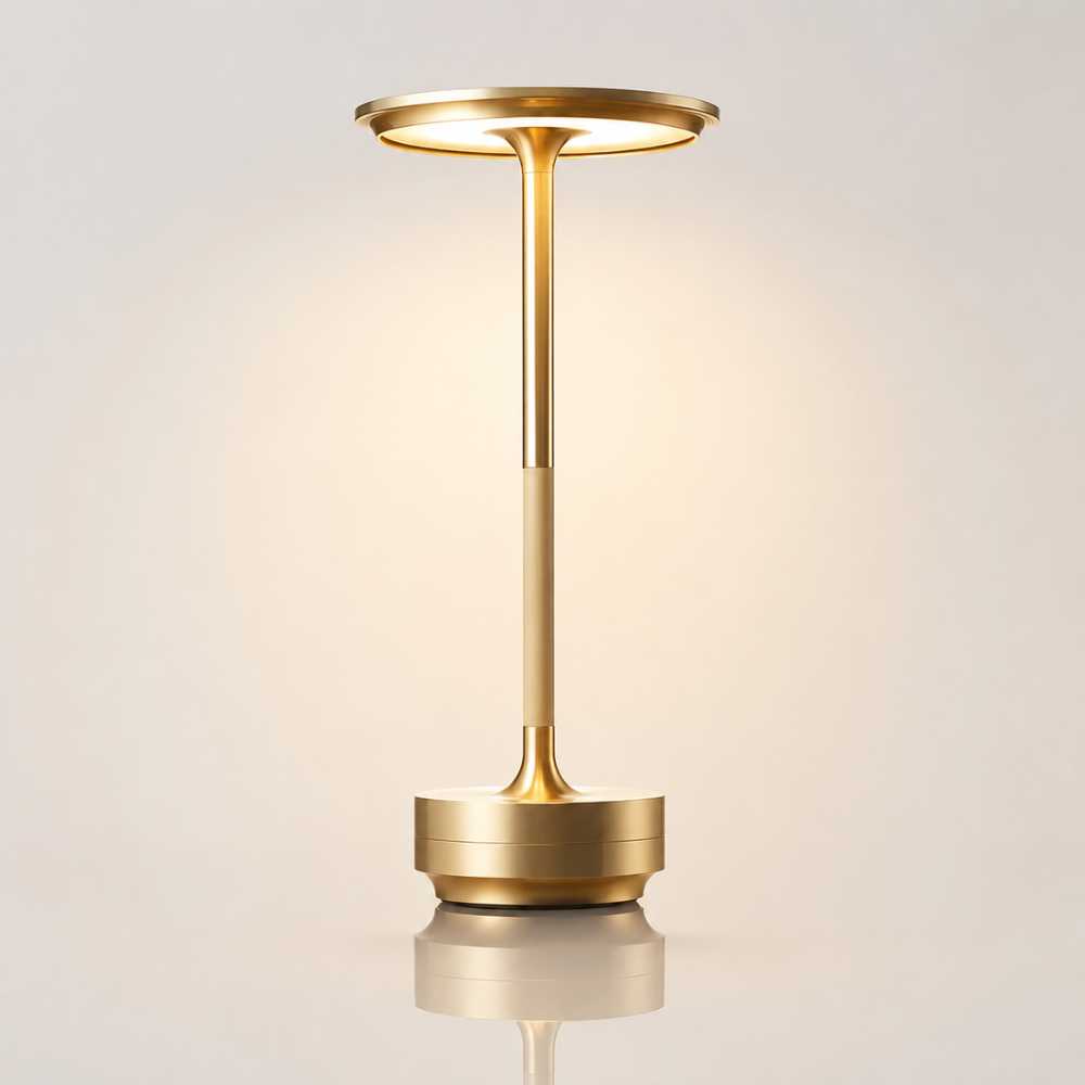 Lampe de table LED dorée au design minimaliste sur fond clair