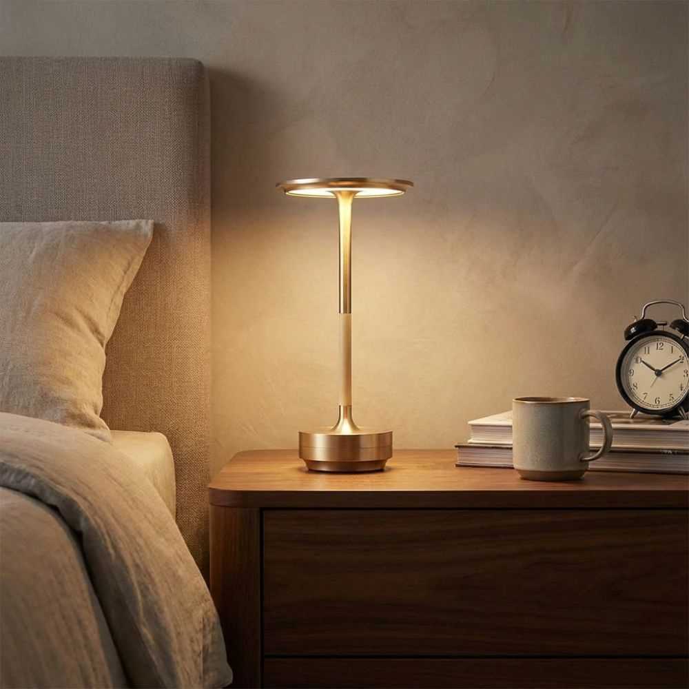 Lampe de table LED dorée au design moderne sur table de chevet