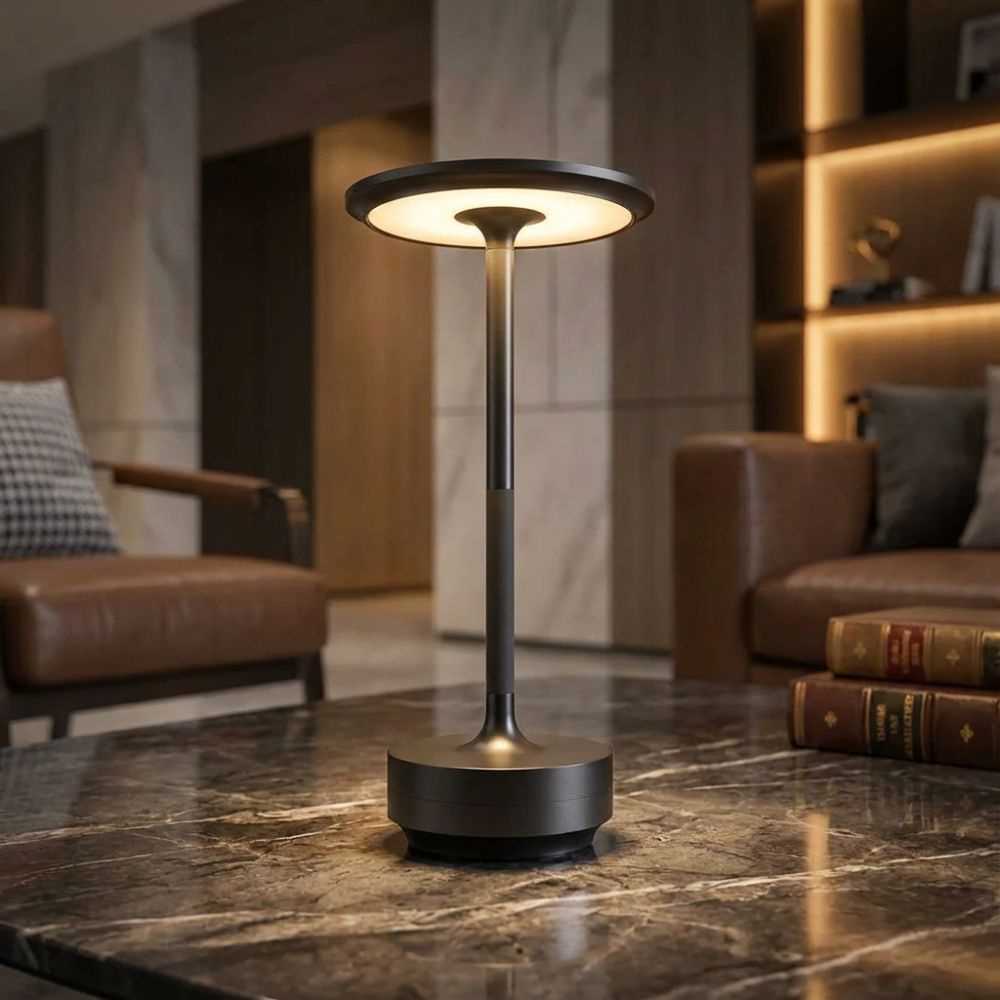 Lampe de table LED moderne finition foncée dans un salon