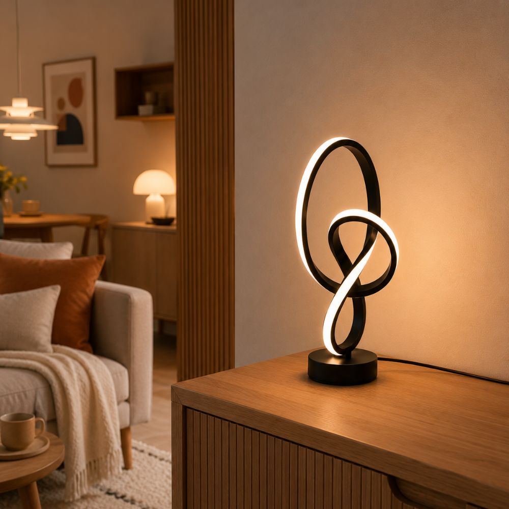 Lampe de table LED noire design entrelacé dans un salon moderne