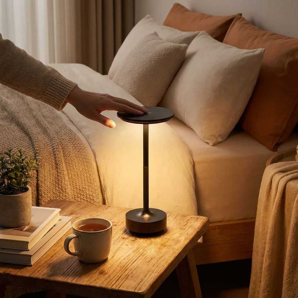 Lampe de table LED tactile diffusant une lumière chaude dans une chambre