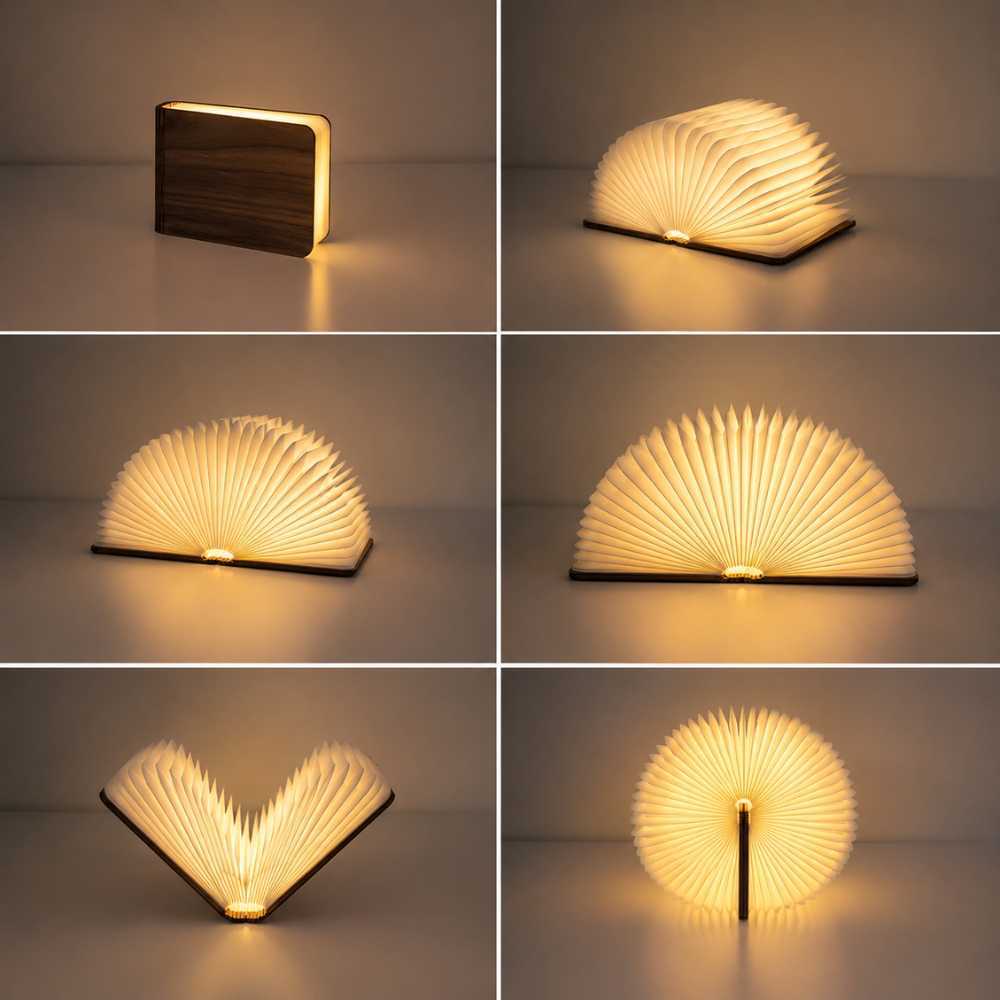Lampe livre LED montrant plusieurs positions d’ouverture et d’éclairage