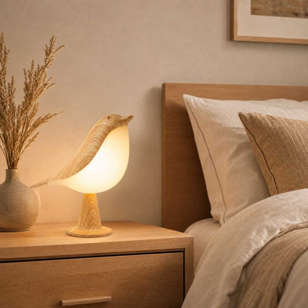 Lampe oiseau LED décorative posée sur une table de chevet