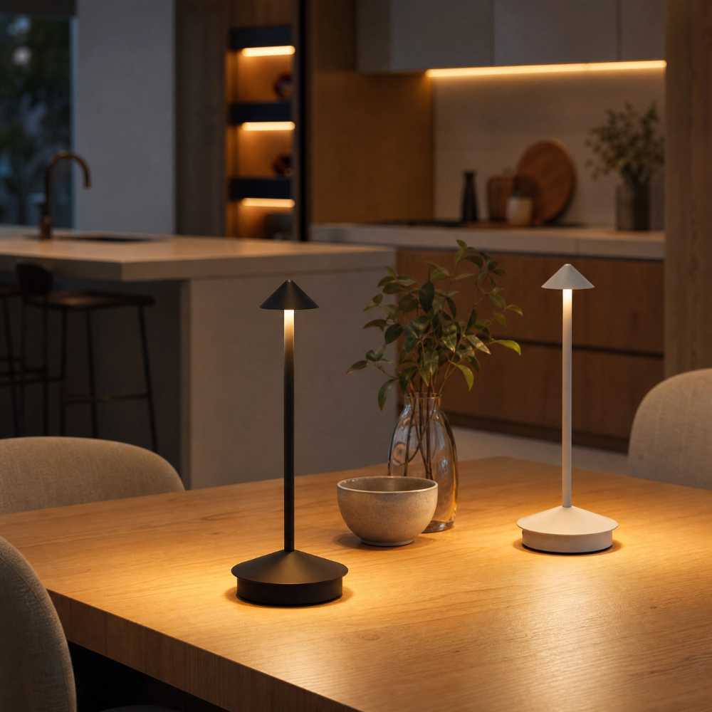 Lampes de chevet noire et blanche avec éclairage d’ambiance chaleureux