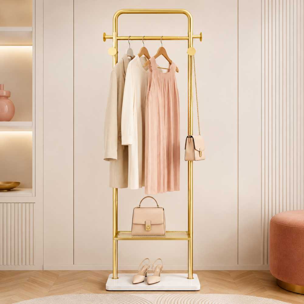 Portant à vêtements doré avec étagère et base en granit dans une chambre