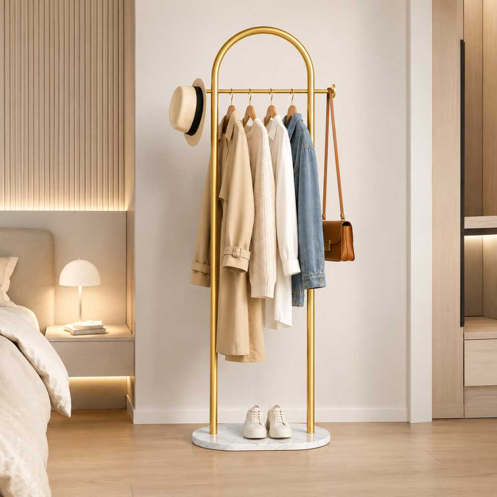 Portant à vêtements doré compact dans une chambre moderne