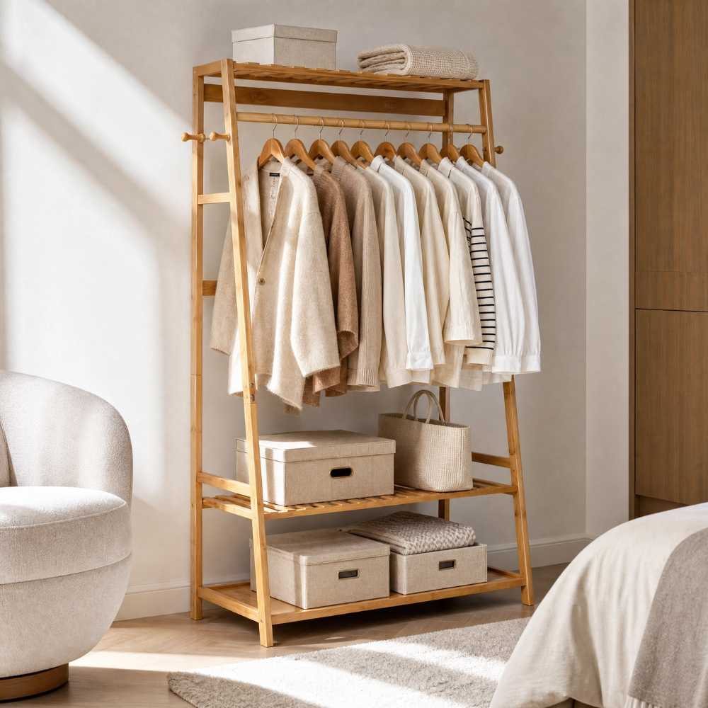 Portant à vêtements en bambou avec deux étagères pour boîtes et accessoires