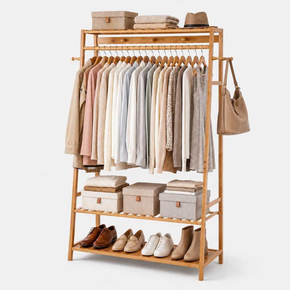 Portant à vêtements en bambou avec rangements pour chaussures, boîtes et accessoires