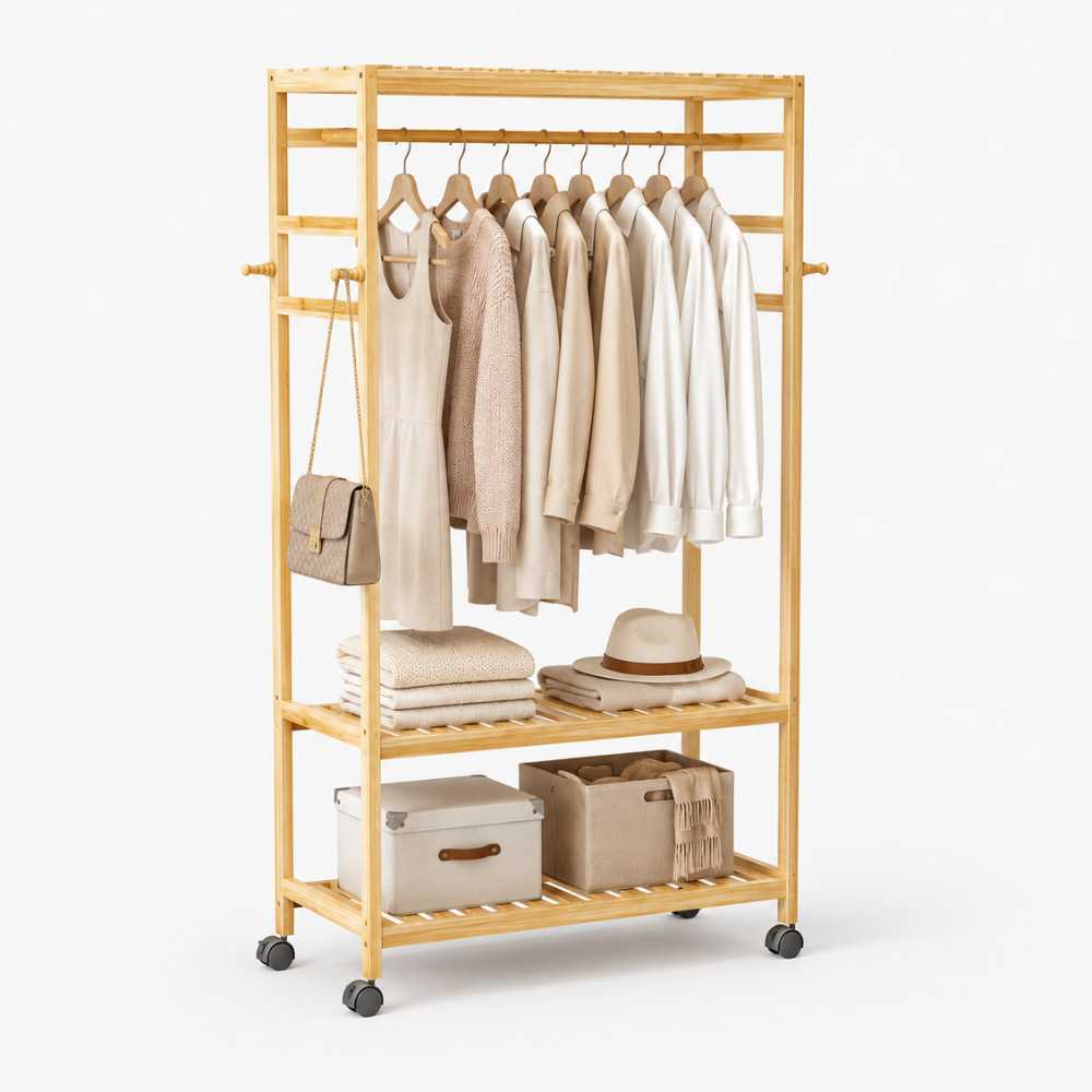 Portant à vêtements en bois clair avec barre et deux niveaux de rangement