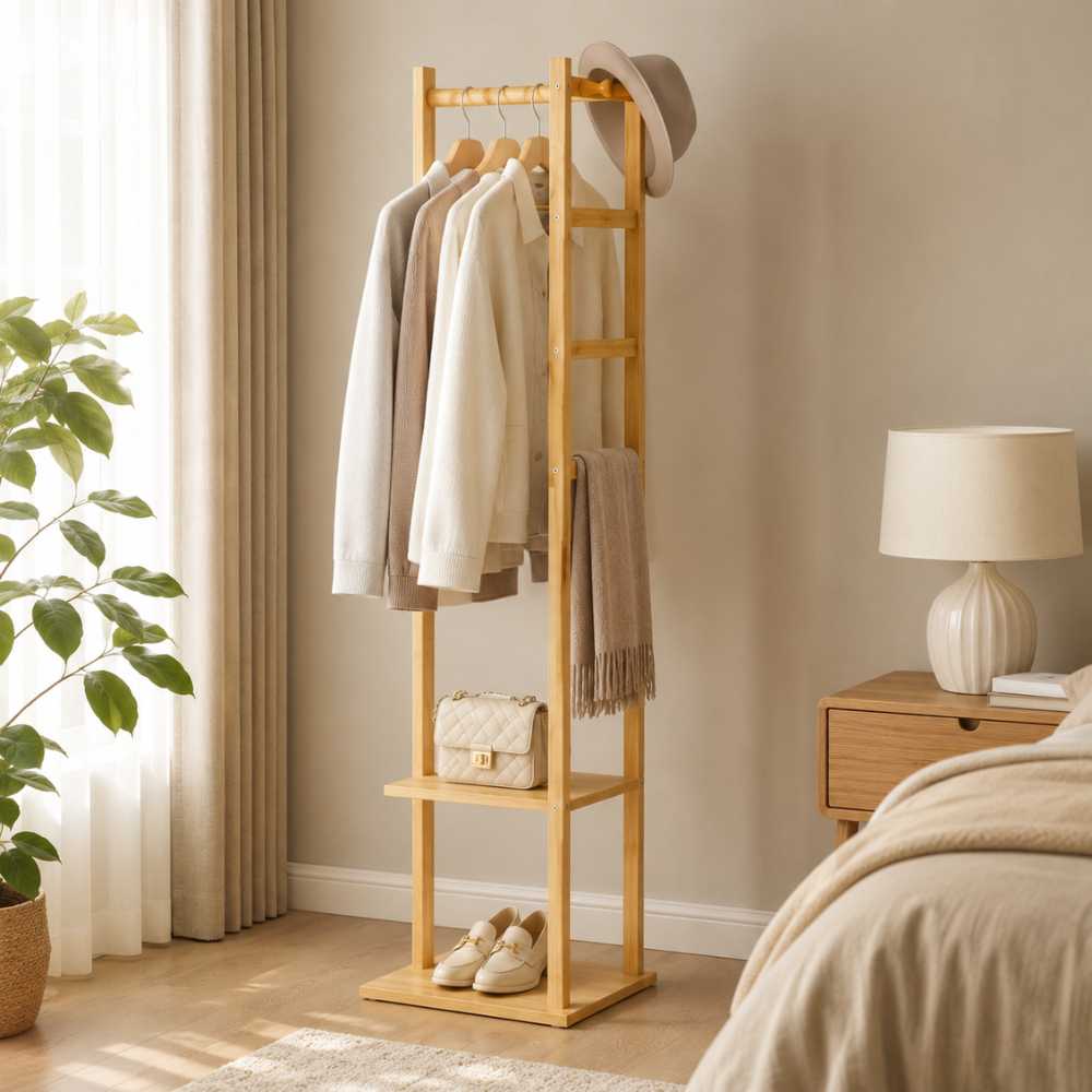 Portant à vêtements en bois clair avec barre, étagère et espace pour chaussures dans une chambre