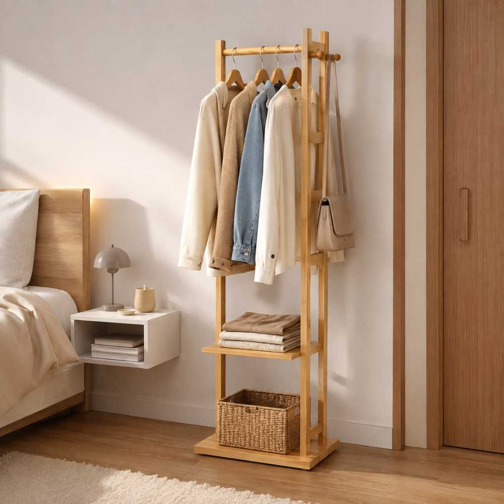 Portant à vêtements en bois clair avec barre, étagère et rangement bas dans une chambre