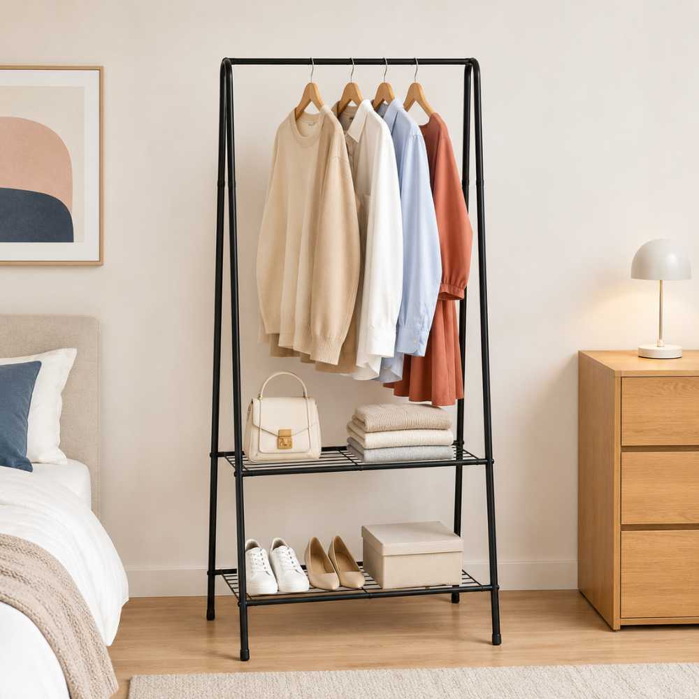 Portant à vêtements noir avec tringle et 2 étagères dans une chambre