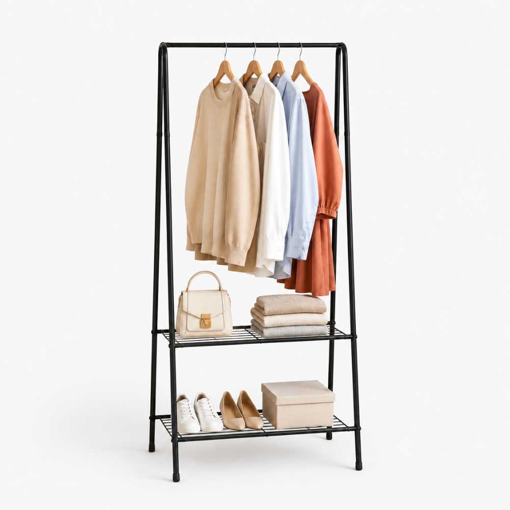 Portant à vêtements noir avec tringle et 2 étagères pour vêtements, chaussures et accessoires