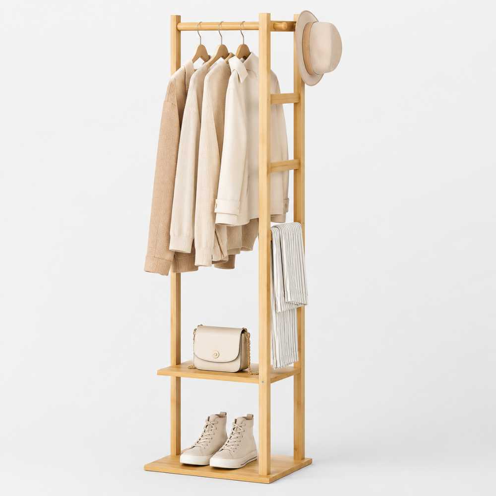 Portant à vêtements étroit en bois clair avec barre, crochets latéraux et deux niveaux de rangement