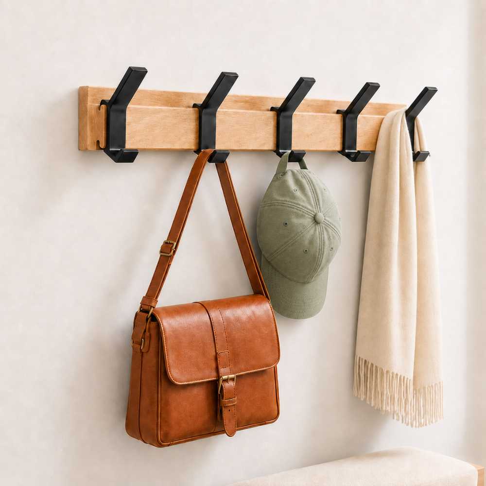 Porte-manteau mural 5 crochets avec sac, casquette et écharpe