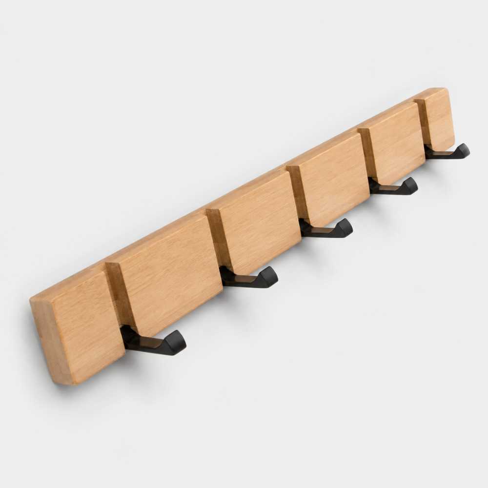 Porte-manteau mural en bois avec 5 crochets noirs