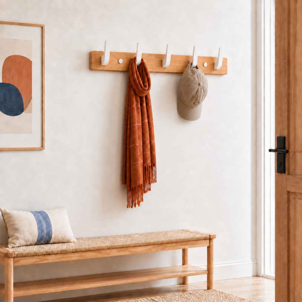 Porte-manteau mural en bois clair avec 5 crochets blancs dans une entrée