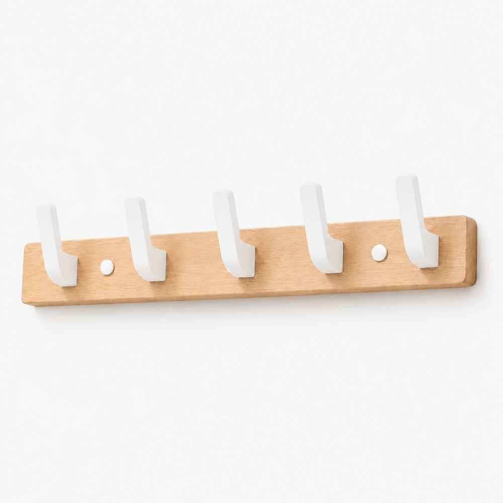 Porte-manteau mural en bois clair avec 5 crochets blancs fixes
