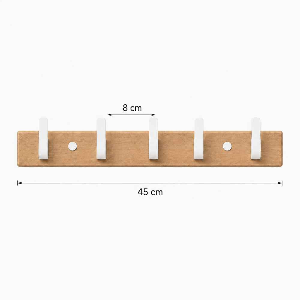 Porte-manteau mural en bois clair avec 5 crochets blancs, longueur 45 cm