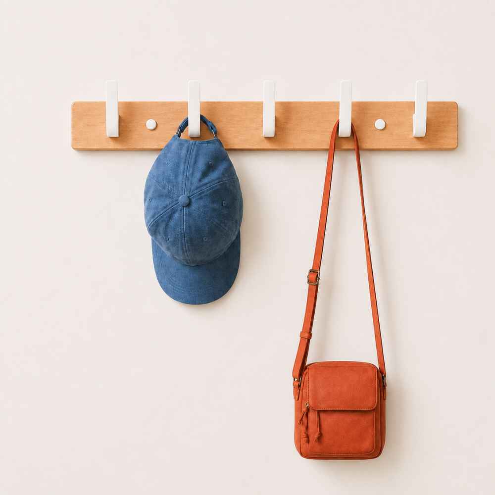 Porte-manteau mural en bois clair avec crochets blancs