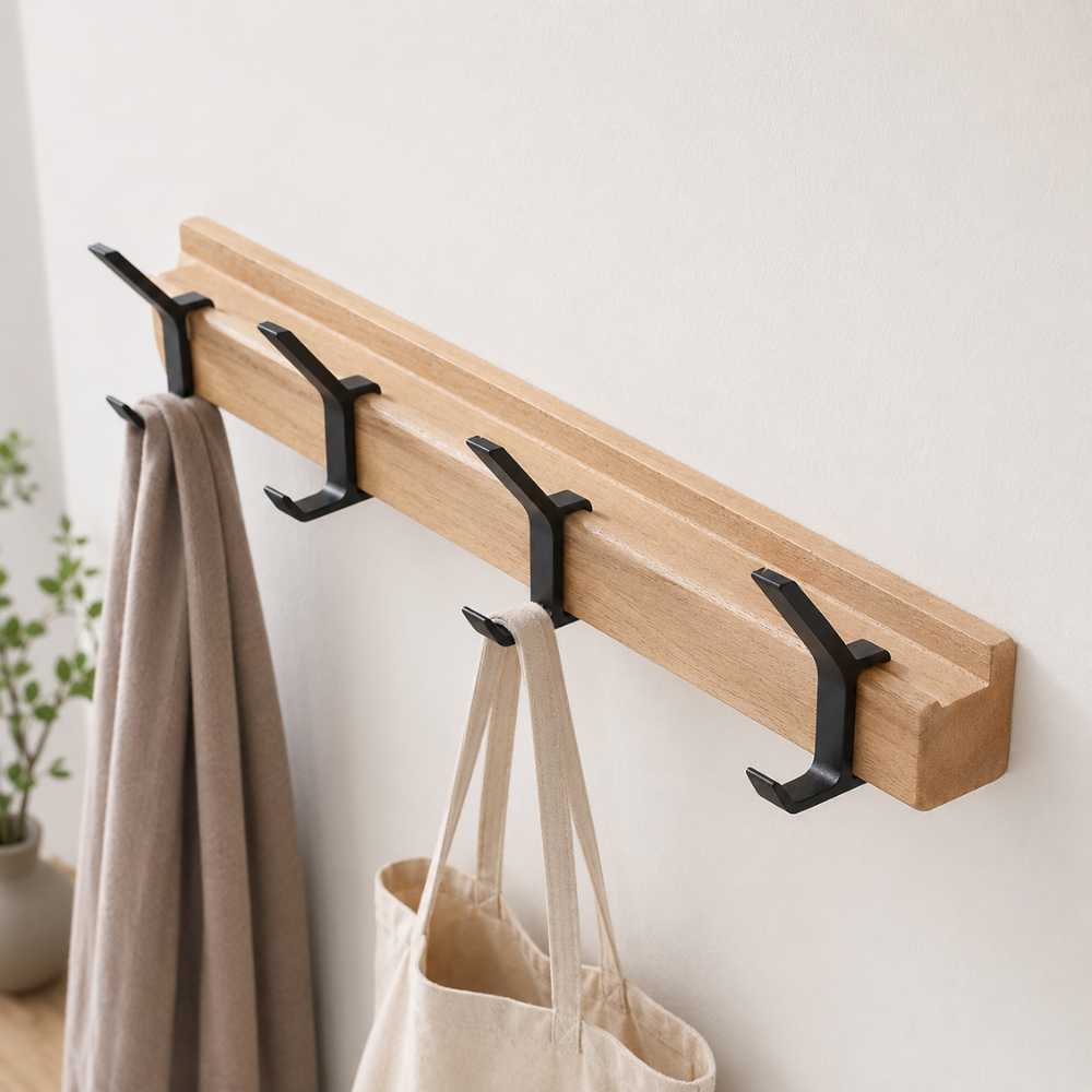 Porte-manteau mural en bois clair avec crochets noirs