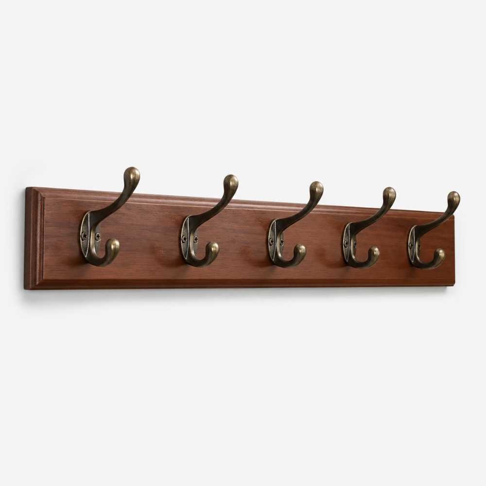 Porte-manteau mural en bois foncé avec 5 crochets doubles en métal