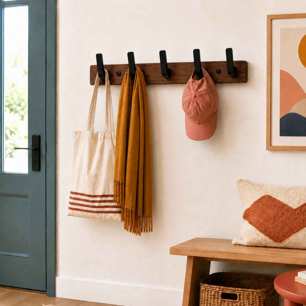 Porte-manteau mural en bois foncé avec 5 crochets noirs dans une entrée