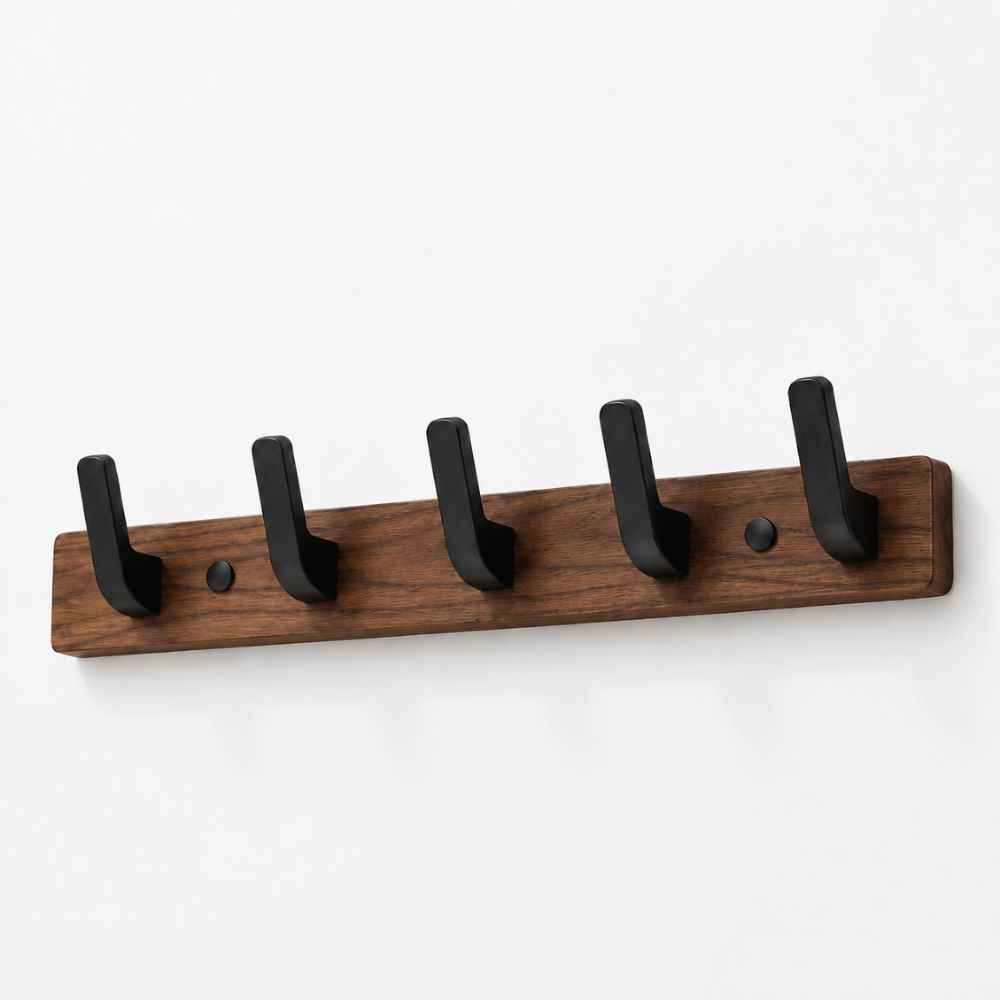 Porte-manteau mural en bois foncé et métal noir avec 5 crochets fixes