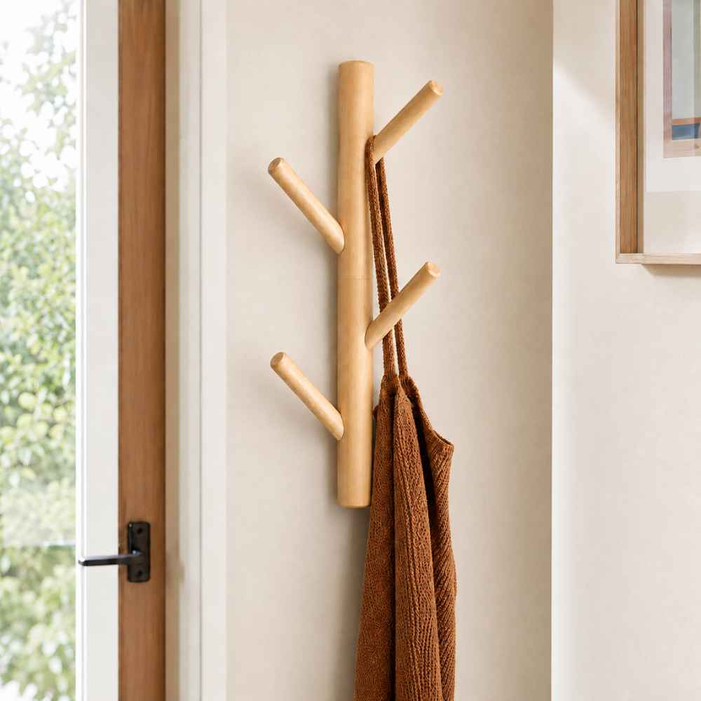 Porte-manteau mural en bois naturel avec 4 crochets