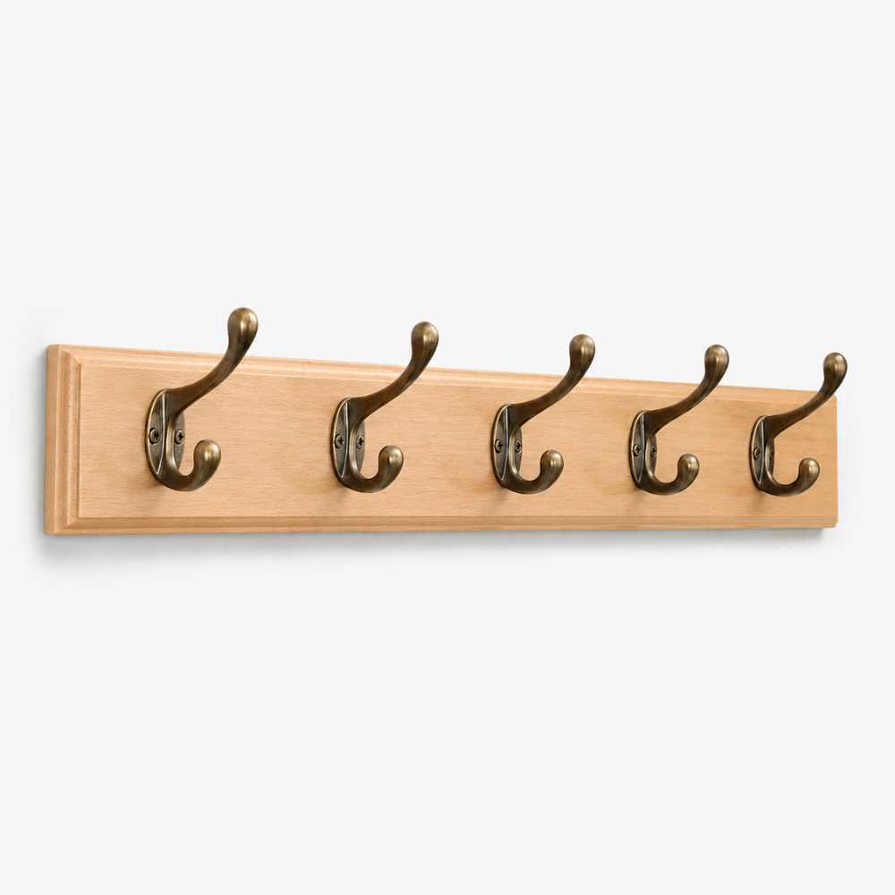 Porte-manteau mural en bois naturel avec 5 crochets doubles en métal
