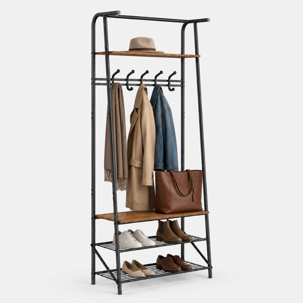 Porte-manteau sur pied avec crochets et étagères à chaussures