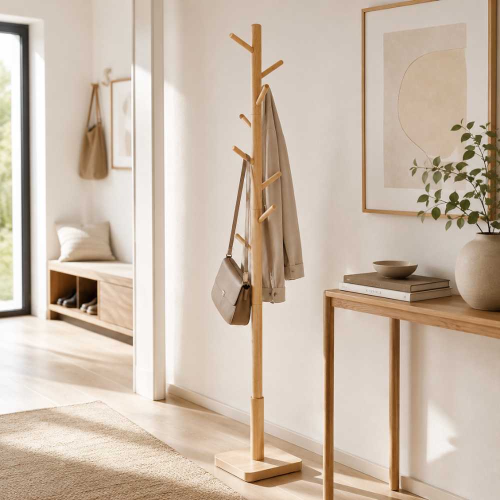 Porte-manteau sur pied en bois naturel dans une entrée lumineuse