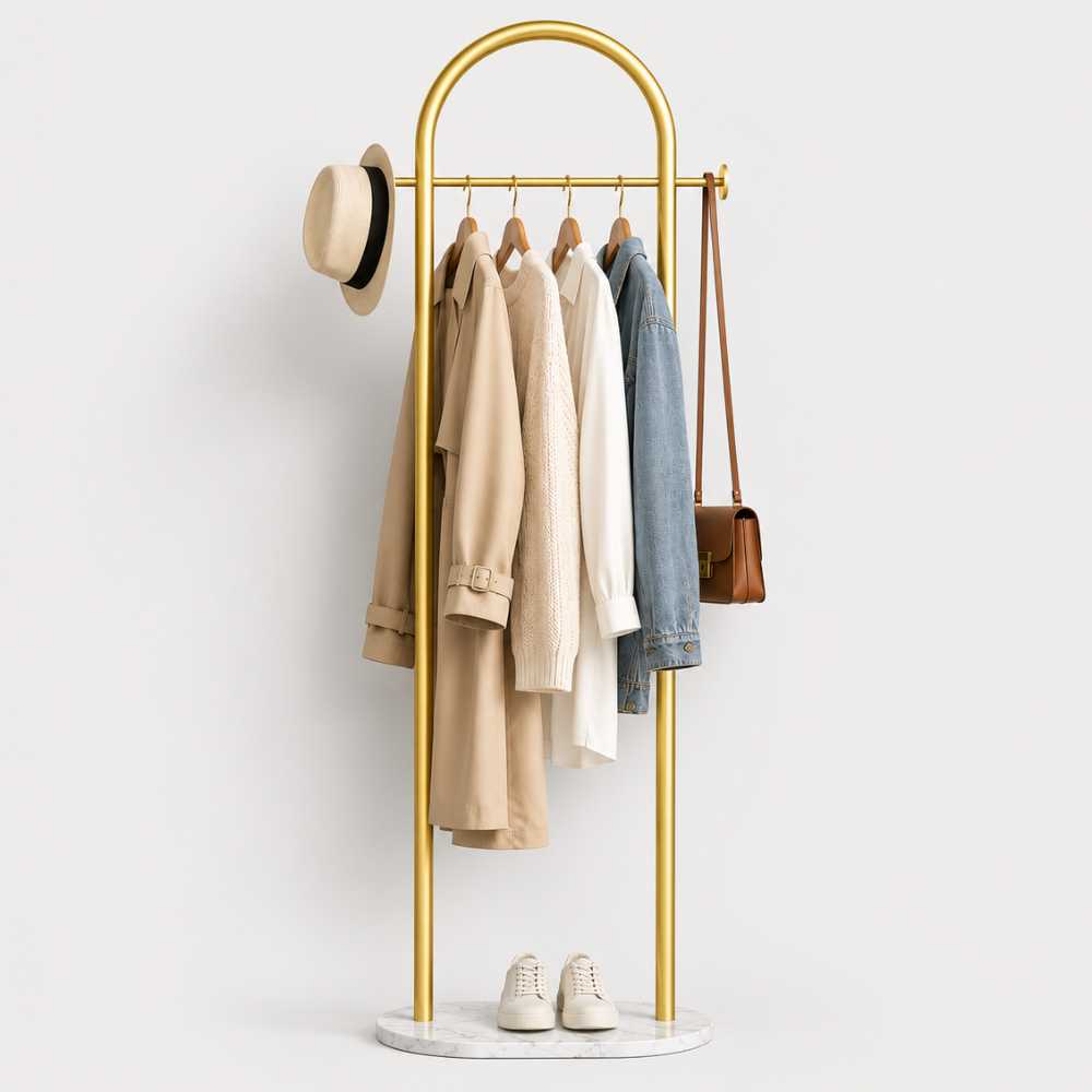 Porte-manteau sur pied en métal doré avec vêtements, chapeau et sac