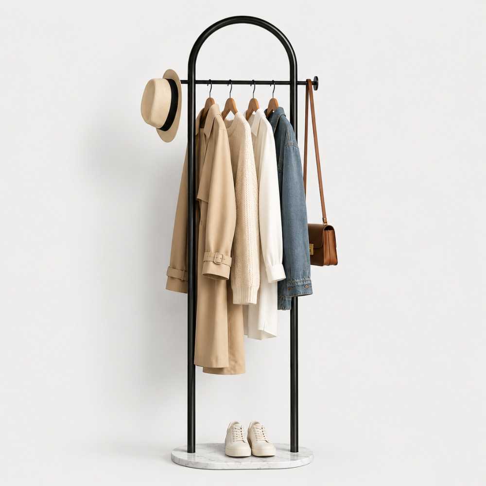 Porte-manteau sur pied en métal noir avec vêtements, chapeau et sac