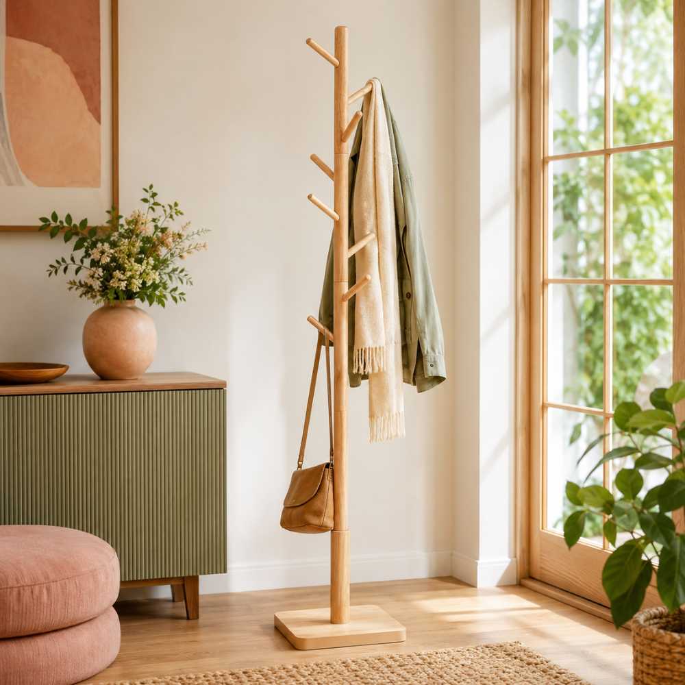 Porte-manteau sur pied finition bois naturel avec crochets et base stable