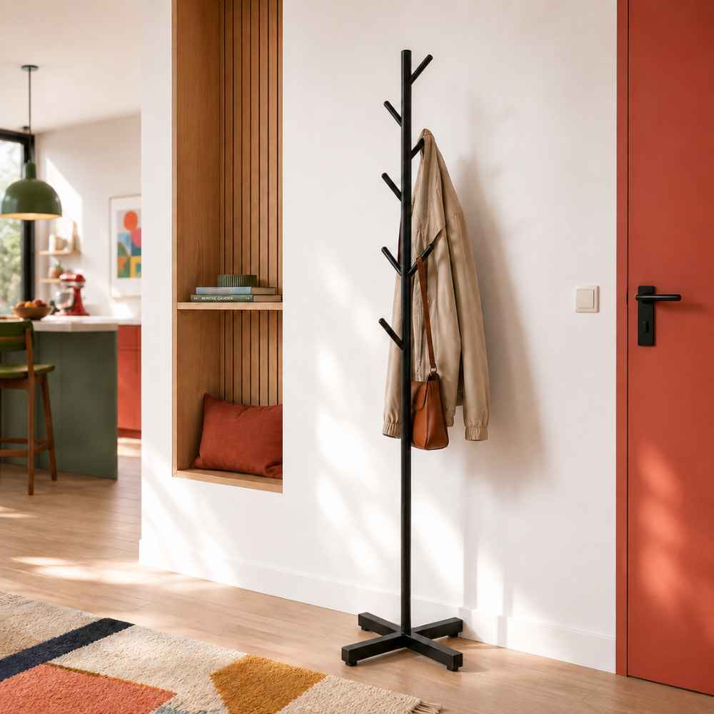 Porte-manteau sur pied noir dans une entrée avec manteau et sac