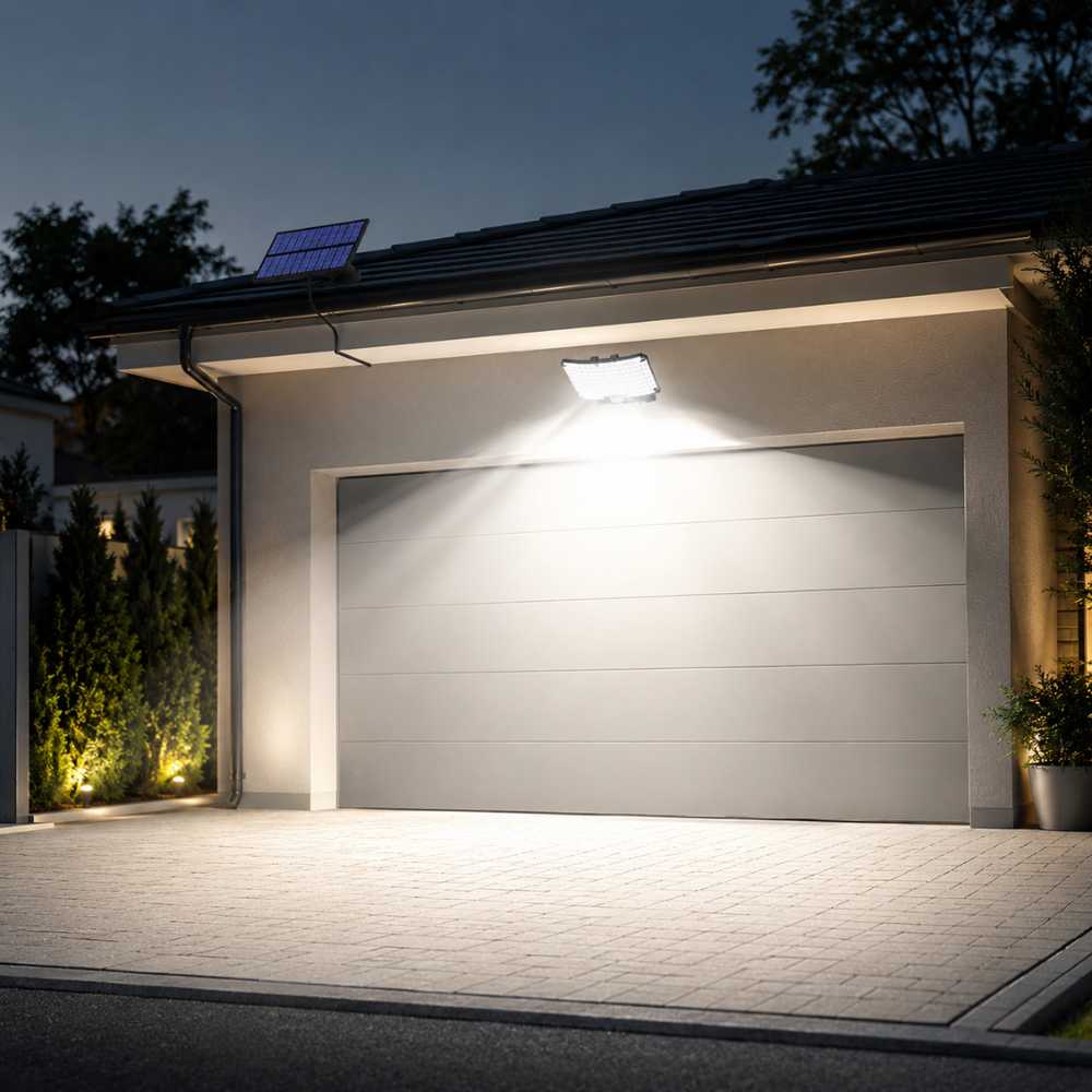 Projecteur solaire extérieur avec détecteur de mouvement installé au-dessus d’un garage