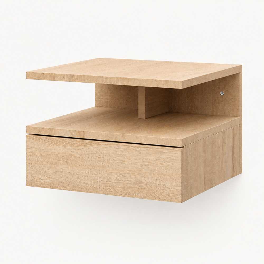 Table de chevet murale finition bois clair avec tiroir et niche ouverte