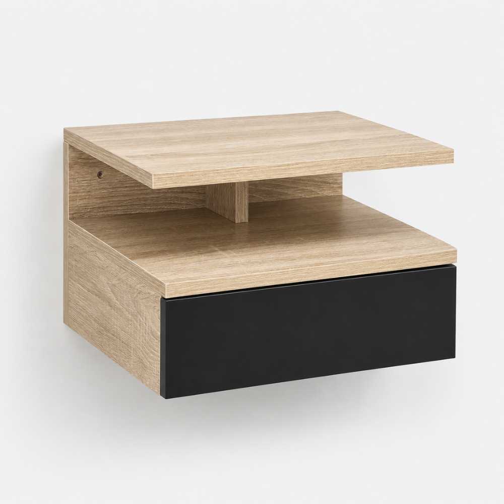 Table de chevet murale finition bois clair avec tiroir noir et niche ouverte