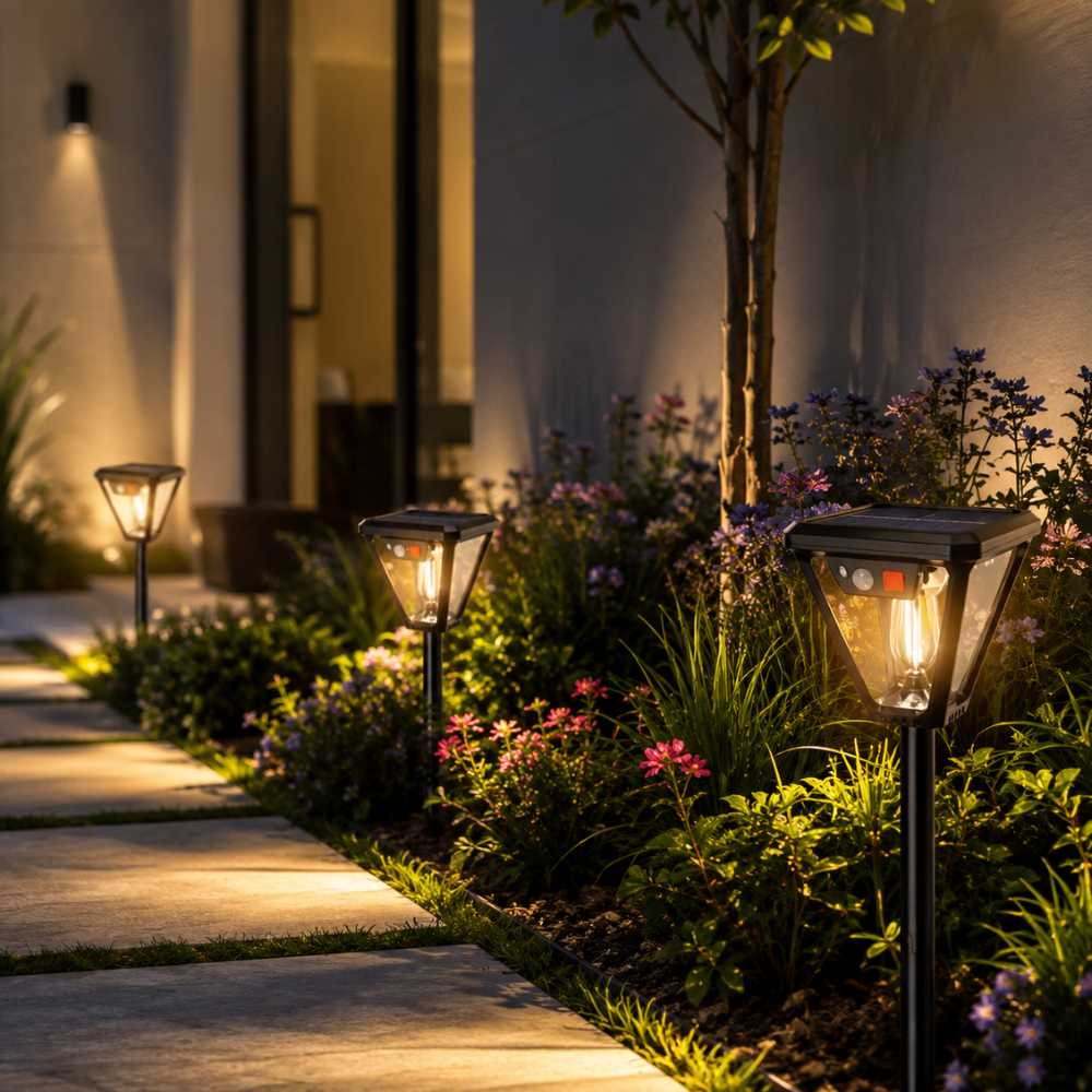 Éclairage solaire extérieur sur piquet pour jardin et chemin d’accès